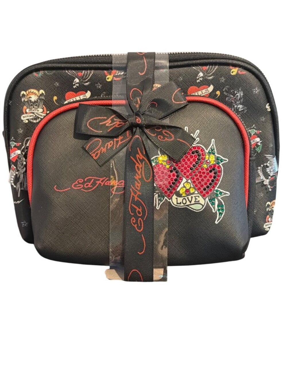 Ed Hardy Tattoo Design 2 Cosmetic Bags Red Trim Rhinestone Heart Zipper Gift NWT